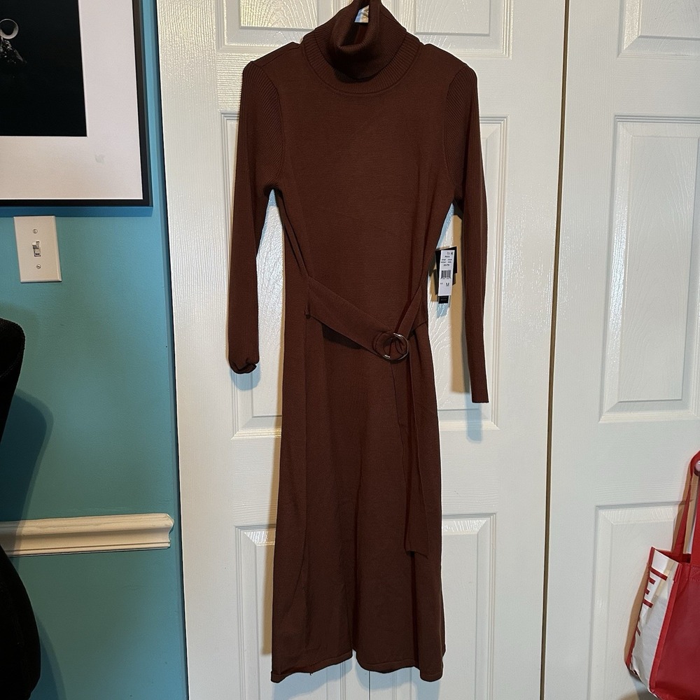 Maia Women's Brown Dress‎ With Attached Belt Turtleneck Size Medium NWT